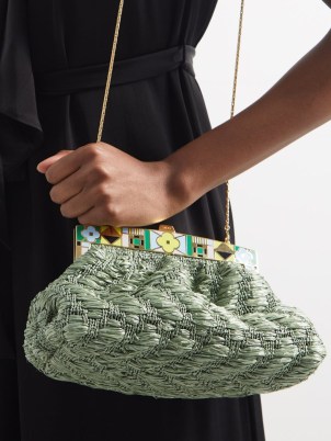 13BC Flora Grid enamelled faux-raffia clutch ~ green textured bag with slim gold shoulder strap ~ enamel detail bags ~ MATCHESFASHION - flipped