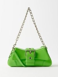 BALENCIAGA Lindsay S leather shoulder bag ~ small lime green 90s inspired buckle detail handbag – 1990s style chain strap oblong shaped handbags ~ bright baguette bags ~ MATCHESFASHION