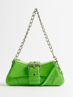 BALENCIAGA Lindsay S leather shoulder bag ~ small lime green 90s inspired buckle detail handbag – 1990s style chain strap oblong shaped handbags ~ bright baguette bags ~ MATCHESFASHION - flipped