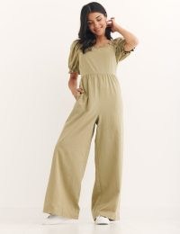 nobody’s child Perry Linen Jumpsuit ~ green puff sleeve square neck jumpsuits ~ gathered ruffle trim