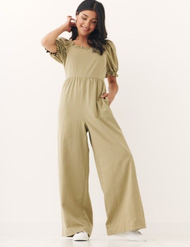 nobody’s child Perry Linen Jumpsuit ~ green puff sleeve square neck jumpsuits ~ gathered ruffle trim - flipped