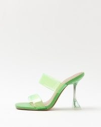 RIVER ISLAND GREEN PERSPEX HEELED MULES ~ transparent double strap mule sandals ~ square toe ~ clear flared heel