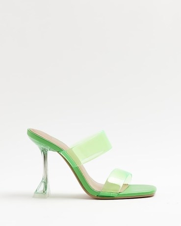 RIVER ISLAND GREEN PERSPEX HEELED MULES ~ transparent double strap mule sandals ~ square toe ~ clear flared heel - flipped