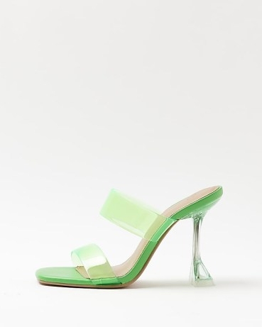 RIVER ISLAND GREEN PERSPEX HEELED MULES ~ transparent double strap mule sandals ~ square toe ~ clear flared heel