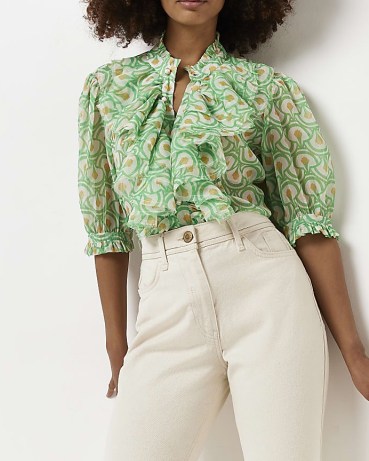 RIVER ISLAND GREEN PRINTED FRILL FRONT BLOUSE / ruffled floral print blouses / ruffle detail fashion - flipped