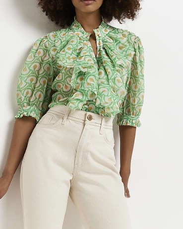 RIVER ISLAND GREEN PRINTED FRILL FRONT BLOUSE / ruffled floral print blouses / ruffle detail fashion