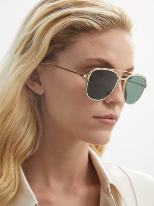 CARTIER EYEWEAR Santos de Cartier aviator metal sunglasses | womens chic aviators | women’s designer eyewear | gold tone rim with green lenses | MATCHESFASHION - flipped