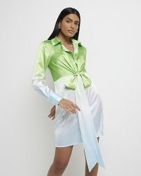 RIVER ISLAND GREEN SATIN OMBRE MINI SHIRT DRESS ~ womens collared tie front dresses