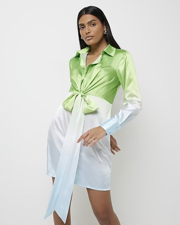 RIVER ISLAND GREEN SATIN OMBRE MINI SHIRT DRESS ~ womens collared tie front dresses - flipped