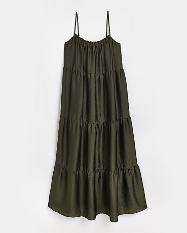 RIVER ISLAND GREEN TIERED SLIP MAXI DRESS ~ long length cami strap dresses