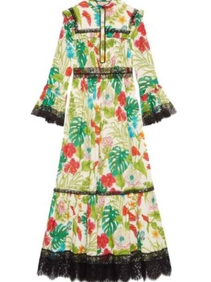 Gucci floral-print lace-trim dress / floral print dresses / tropical prints / women’s romantic vintage style summer fashion / romance inspired occasion clothing / women’s designer clothes at FARFETCH