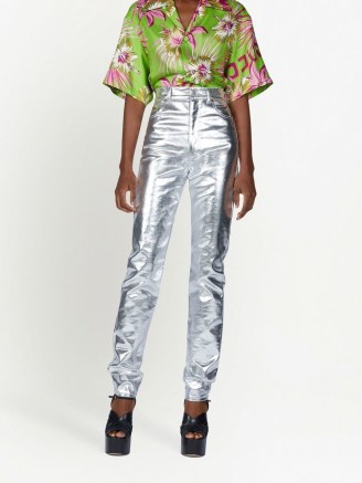 Gucci metallic-finish straight-leg trousers ~ women’s silver cotton blend trouser ~ womens designer fashion ~ FARFETCH - flipped