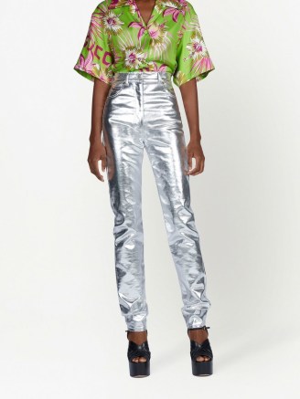 Gucci metallic-finish straight-leg trousers ~ women’s silver cotton blend trouser ~ womens designer fashion ~ FARFETCH