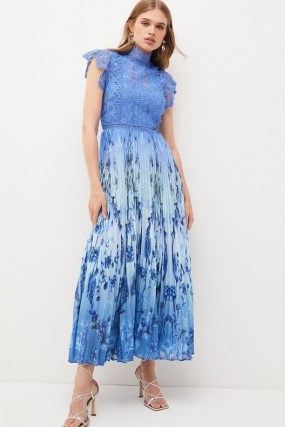 KAREN MILLEN Guipure Lace Mirrored Floral Pleat Midi Dress – Blue printed high neck summer occasion dresses - flipped