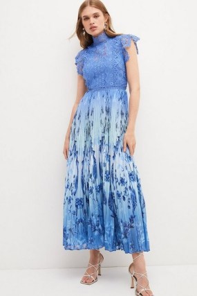 KAREN MILLEN Guipure Lace Mirrored Floral Pleat Midi Dress – Blue printed high neck summer occasion dresses