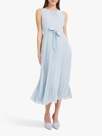 John Lewis Hobbs Blythe Pleated Midi Dress, Celeste Blue – flattering fit-and-flare silhouette – pleated skirt – classic round neckline and pretty bow tie waist
