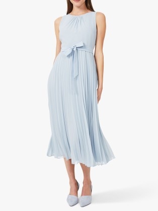 John Lewis Hobbs Blythe Pleated Midi Dress, Celeste Blue – flattering fit-and-flare silhouette – pleated skirt – classic round neckline and pretty bow tie waist - flipped