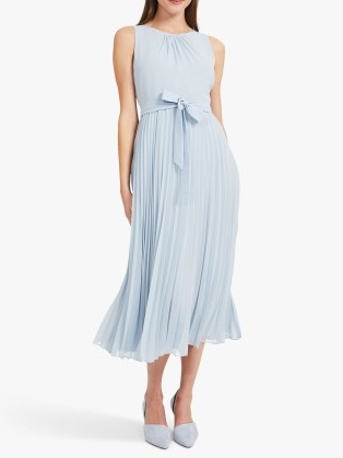 John Lewis Hobbs Blythe Pleated Midi Dress, Celeste Blue – flattering fit-and-flare silhouette – pleated skirt – classic round neckline and pretty bow tie waist