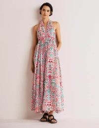 Boden Imogen Halterneck Maxi Dress Multi, Ikat Charm – long length printed halter neck dresses – women’s feminine summer fashion – womens cotton holiday clothes