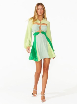 alice McCALL IN TULUM MINI DRESS in CLOVER | floaty cut out party dresses | feminine balloon sleeve fit and flare | open back detail evening fashion | colour block occasion clothes - flipped