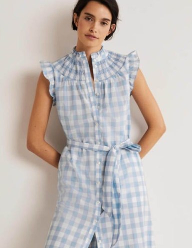 Boden Jane Smocked Midi Shirt Dress Dusty Blue Gingham – feminine ruffle trim cotton dresses – women’s checked summer fashion – tie waist – ruffled high neck