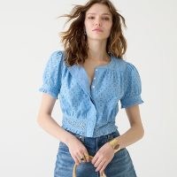 J.CREW Button-front eyelet crop top in Hydrangea | feminine blue puff sleeve broderie tops | cropped summer blouses