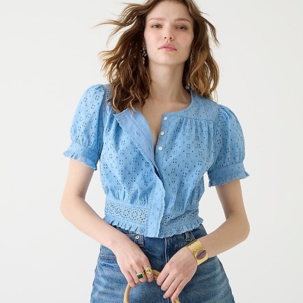 J.CREW Button-front eyelet crop top in Hydrangea | feminine blue puff sleeve broderie tops | cropped summer blouses