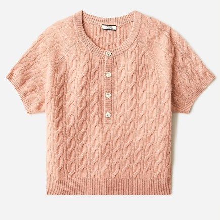 J.CREW Cashmere cable-knit henley T-shirt in Rose Dune | pink short sleeve knitted tops | essential luxe knitwear | feminine knits - flipped