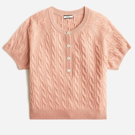 J.CREW Cashmere cable-knit henley T-shirt in Rose Dune | pink short sleeve knitted tops | essential luxe knitwear | feminine knits