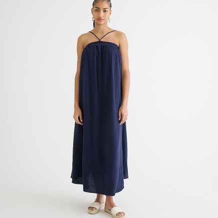 J.CREW Halter maxi dress in soft gauze – womens navy blue halterneck holiday dresses – women’s cotton vacation clothes – dress up or down summer fashion – warm weather wardrobe essentials - flipped