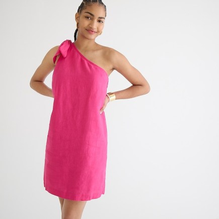 JCREW One-shoulder linen shift dress Crisp Begonia ~ pink asymmetric summer dresses - flipped