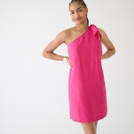 JCREW One-shoulder linen shift dress Crisp Begonia ~ pink asymmetric summer dresses