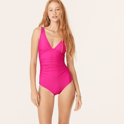 J.CREW Ruched V-neck one-piece ~ stylish pink plunge front gathered detail swimsuits - flipped