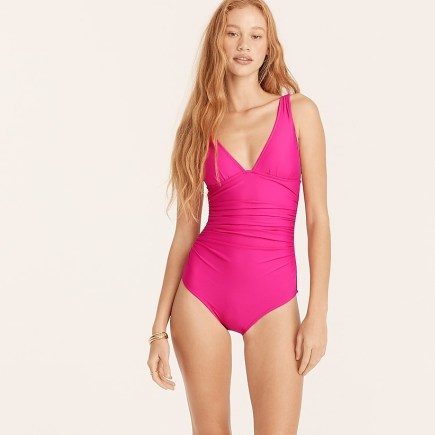 J.CREW Ruched V-neck one-piece ~ stylish pink plunge front gathered detail swimsuits