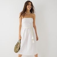 J.CREW Strapless smocked linen dress | classic white warm weather bandeau dresses | women’s summer holiday clothes | dress up or down vacation fashion | wardrobe essentials