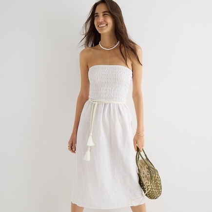 J.CREW Strapless smocked linen dress | classic white warm weather bandeau dresses | women’s summer holiday clothes | dress up or down vacation fashion | wardrobe essentials - flipped