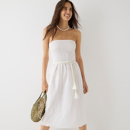 J.CREW Strapless smocked linen dress | classic white warm weather bandeau dresses | women’s summer holiday clothes | dress up or down vacation fashion | wardrobe essentials