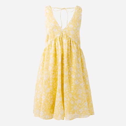 J.CREW Swingy V-neck mini dress in tossed floral Pale Yellow | sleeveless plunge front empire line dresses | feminine summer fashion | women’s strappy tie back detail clothes - flipped