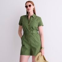 J.CREW Zip-front chino romper in Dark Seaweed ~ womens green utility rompers ~ women’s short sleeved collared utilitarian playsuits