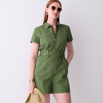 J.CREW Zip-front chino romper in Dark Seaweed ~ womens green utility rompers ~ women’s short sleeved collared utilitarian playsuits - flipped