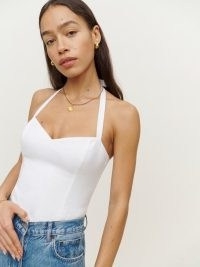 Reformation Jenna Linen Top in White / fitted bodice halter tops / halterneck fashion / women’s sweetheart neckline clothes
