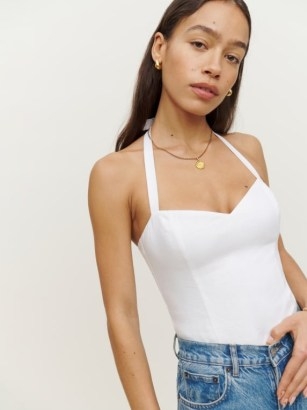 Reformation Jenna Linen Top in White / fitted bodice halter tops / halterneck fashion / women’s sweetheart neckline clothes - flipped