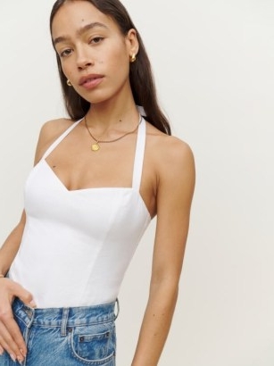Reformation Jenna Linen Top in White / fitted bodice halter tops / halterneck fashion / women’s sweetheart neckline clothes