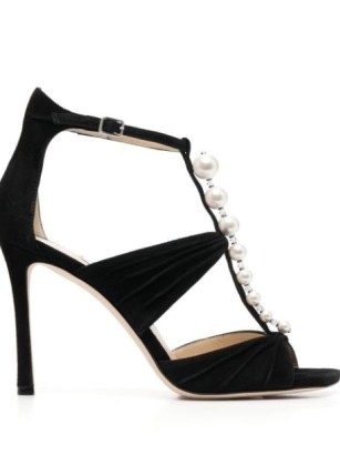 Jimmy Choo pearl-embellished suede 100mm sandals ~ black ruched detail party heels ~ designer high heel occasion shoes ~ womens event footwear at FARFETCH - flipped