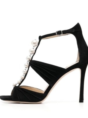 Jimmy Choo pearl-embellished suede 100mm sandals ~ black ruched detail party heels ~ designer high heel occasion shoes ~ womens event footwear at FARFETCH
