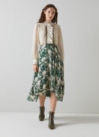 L.K. BENNETT Krasner Green Chrysanthemum Print Georgette Skirt / women’s floaty floral dip hem skirts / women’s feminine summer clothes