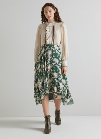 L.K. BENNETT Krasner Green Chrysanthemum Print Georgette Skirt / women’s floaty floral dip hem skirts / women’s feminine summer clothes - flipped