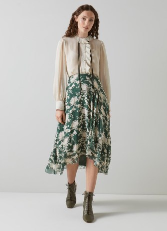 L.K. BENNETT Krasner Green Chrysanthemum Print Georgette Skirt / women’s floaty floral dip hem skirts / women’s feminine summer clothes