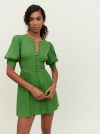 Reformation Laylin Dress in Kelly ~ green puff sleeve front button down mini dresses ~ feminine fitted bodice fashion