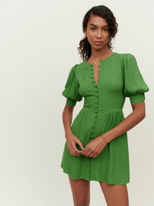 Reformation Laylin Dress in Kelly ~ green puff sleeve front button down mini dresses ~ feminine fitted bodice fashion - flipped